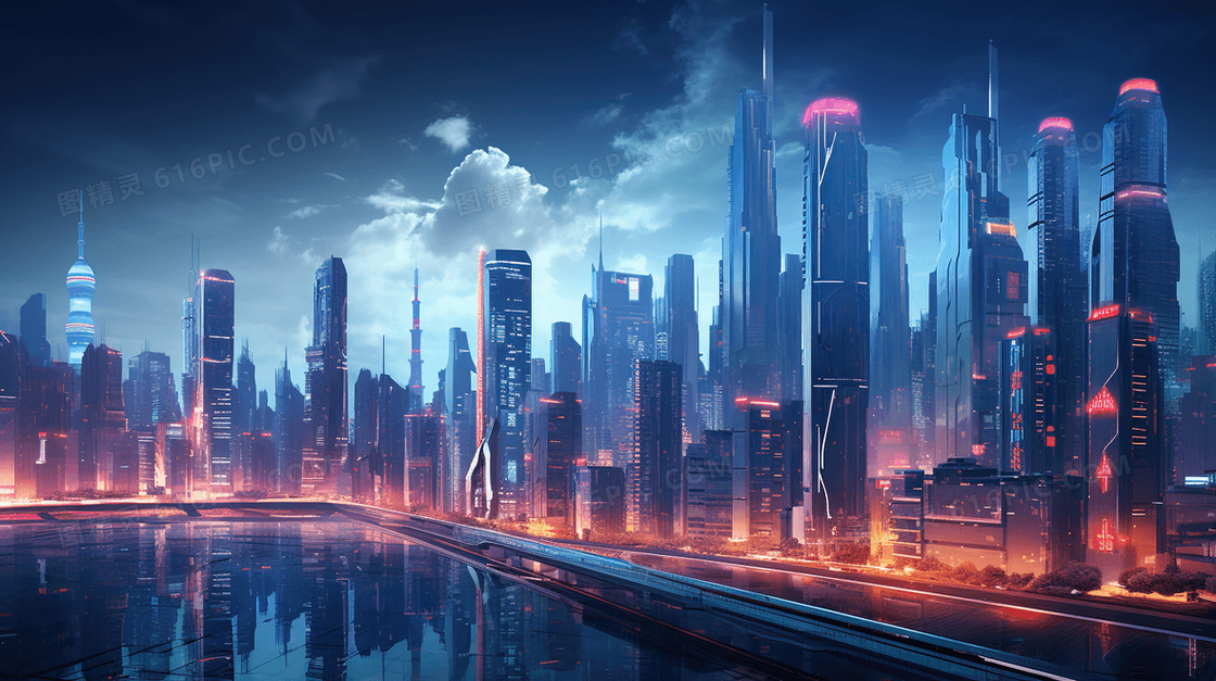 未来感商业中心大厦建筑城市绚烂夜景插画
