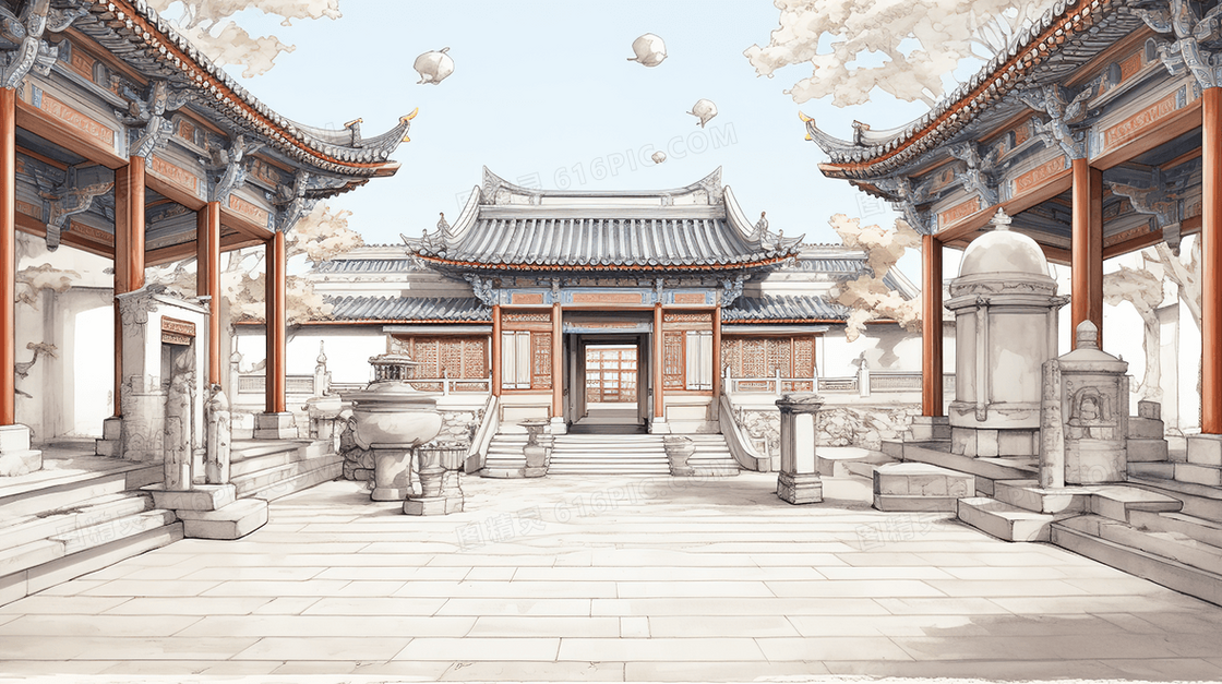 中国风古典建筑线条感插画