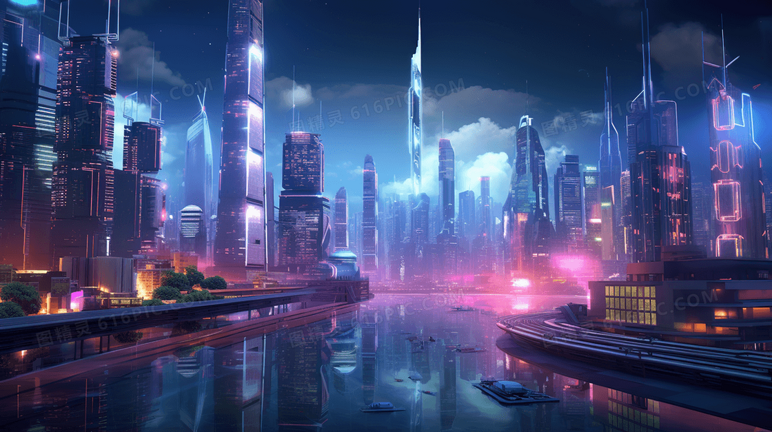 未来感商业中心大厦建筑城市绚烂夜景插画
