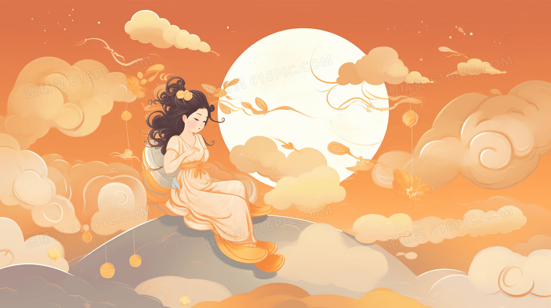 传说中的嫦娥坐在石头上赏月亮创意插画