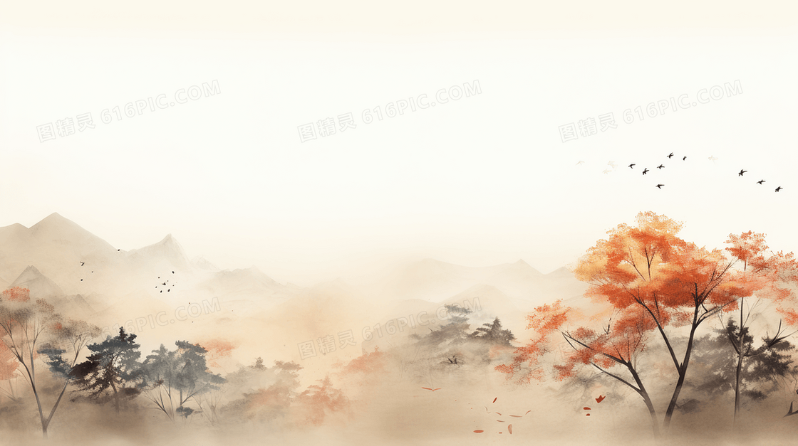 中国风意境山水画风景晕染插画