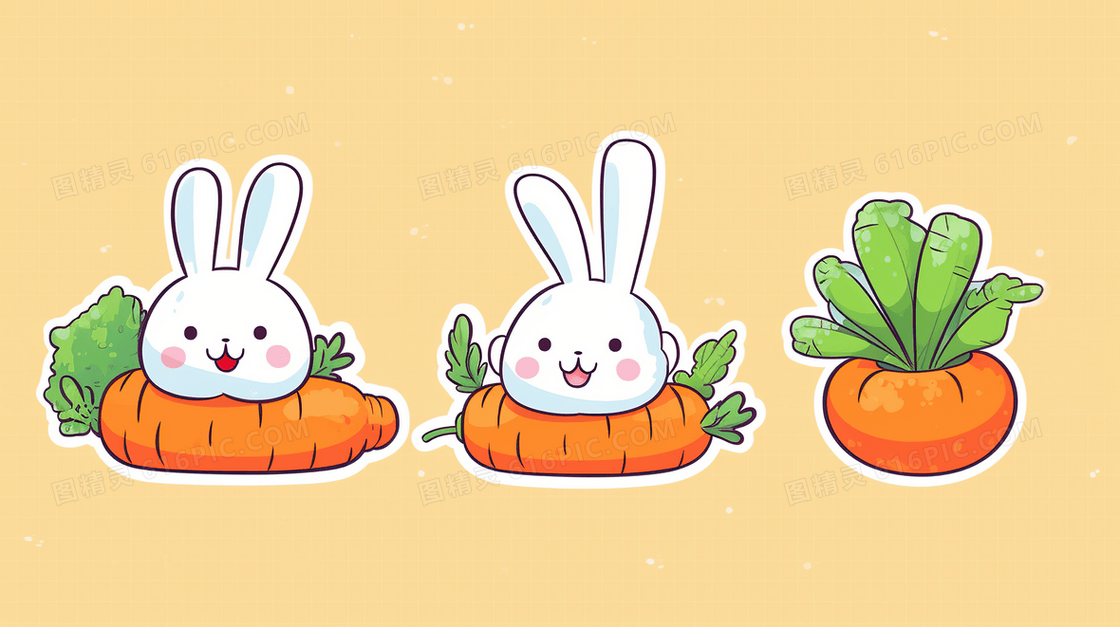 可爱的兔子和可爱的胡萝卜场景插画