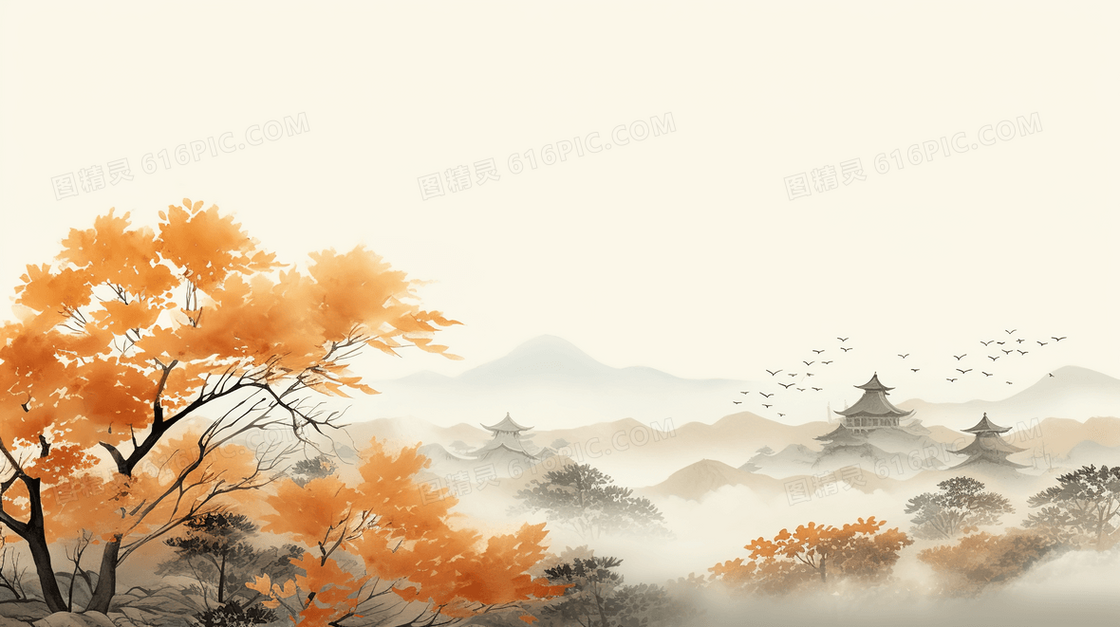 中国风意境山水画风景晕染插画