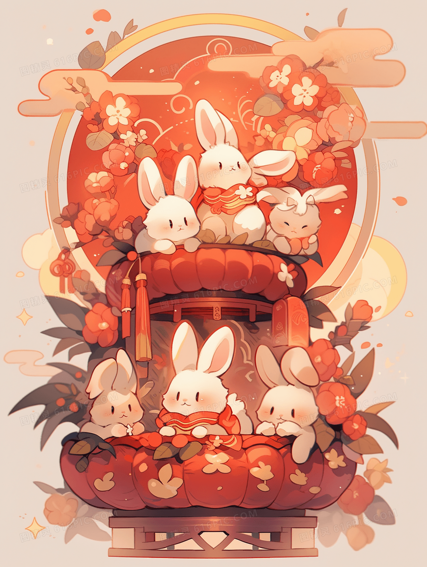 中国风中秋节花朵中的小白兔可爱插画