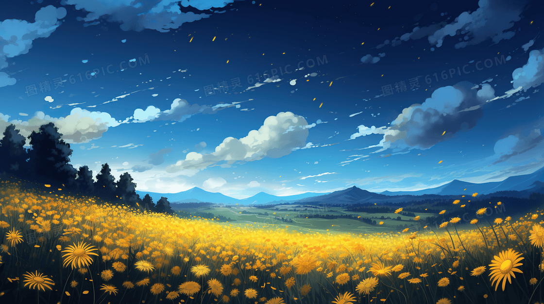 秋天唯美清新油菜花风景插画