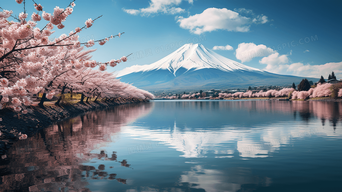 唯美粉色樱花和日本富士山风景图片