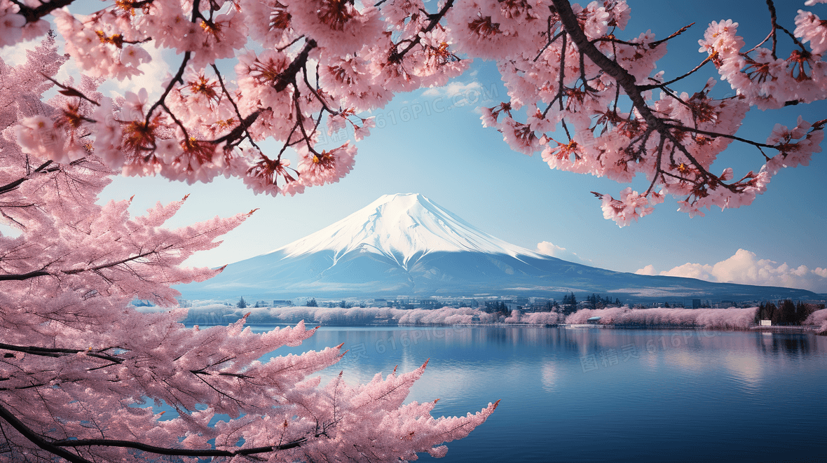 唯美粉色樱花和日本富士山风景图片