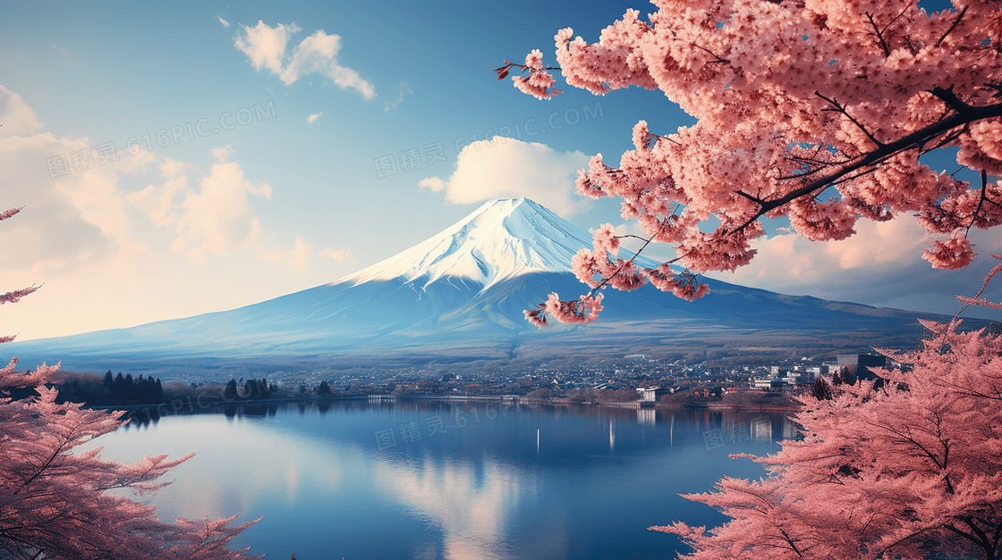 唯美粉色樱花和日本富士山风景图片
