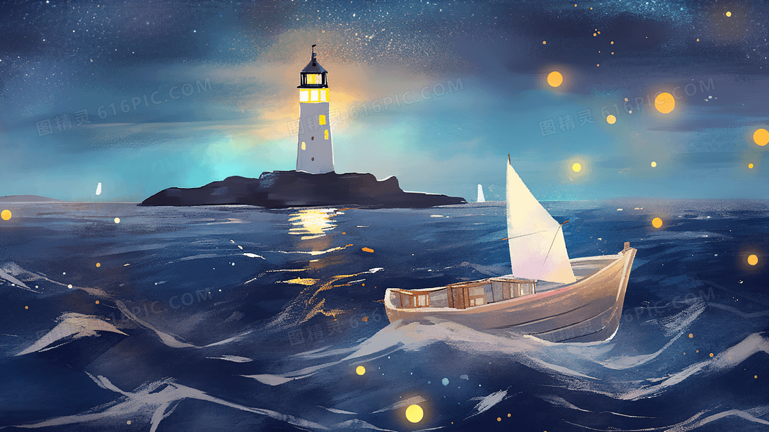 手绘风海面上的帆船和岸边的灯塔创意插画