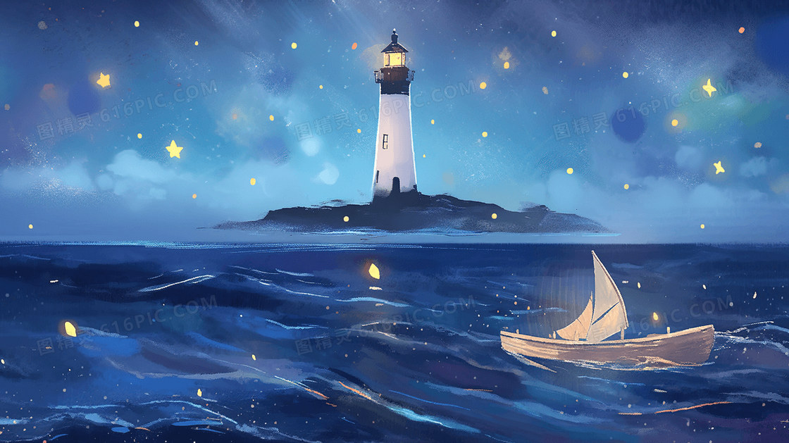 手绘风海面上的帆船和岸边的灯塔创意插画