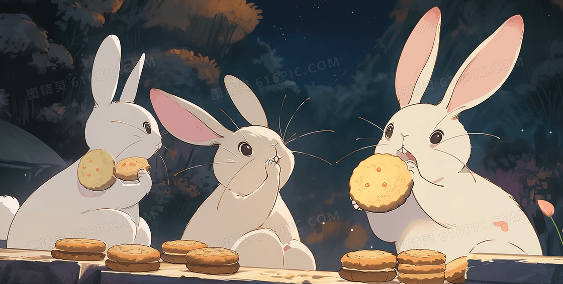 中秋节三只吃月饼的小兔子插画