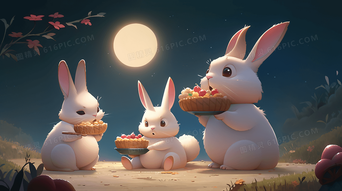 中秋节三只吃水果 的小兔子插画