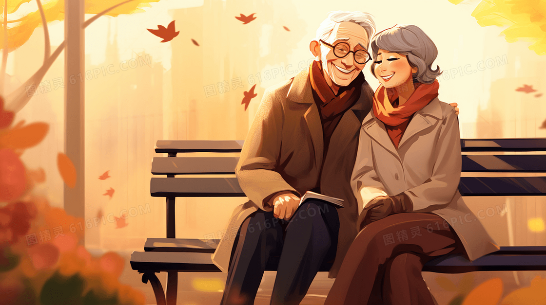 在秋天公园座椅上休憩的恩爱老年夫妻插画
