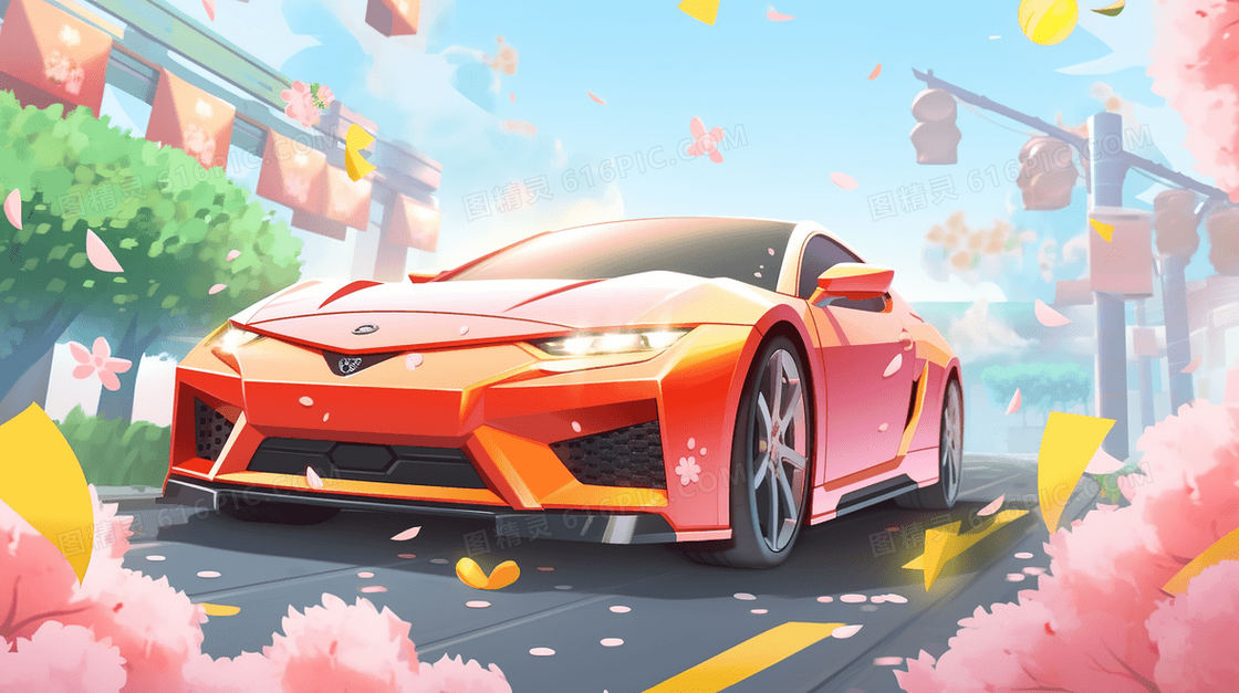 道路上飞驰的红色酷炫跑车插画