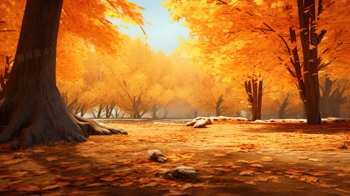秋天金色树林里铺满落叶的草地插画
