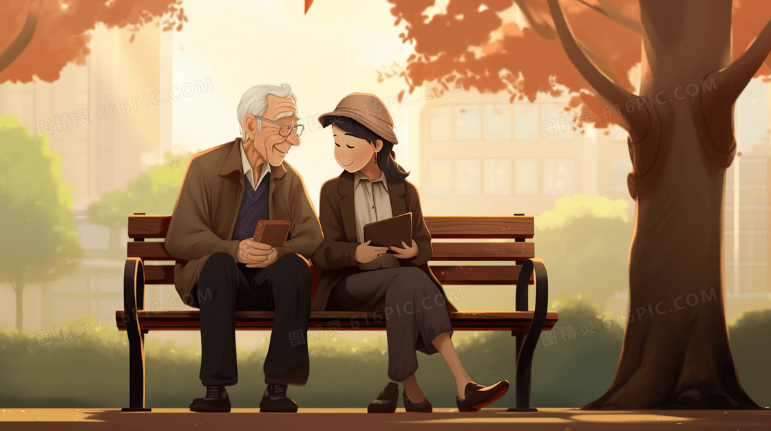秋天公园座椅上交流的父女温馨插画