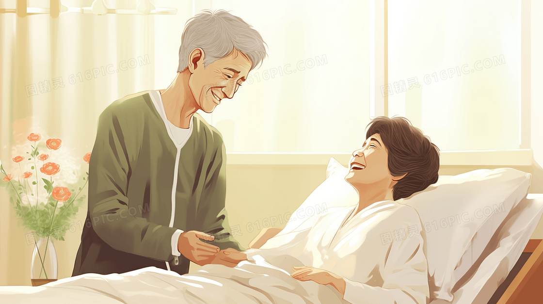 在医院里陪伴生病住院病床上的家属插画