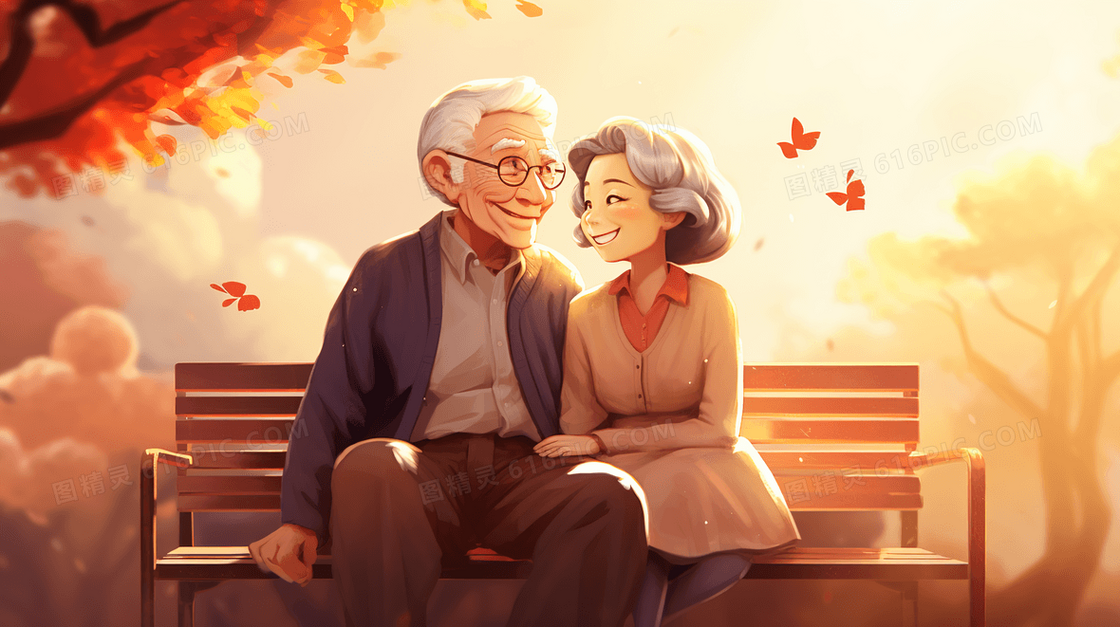 在秋天公园座椅上休憩的恩爱老年夫妻插画