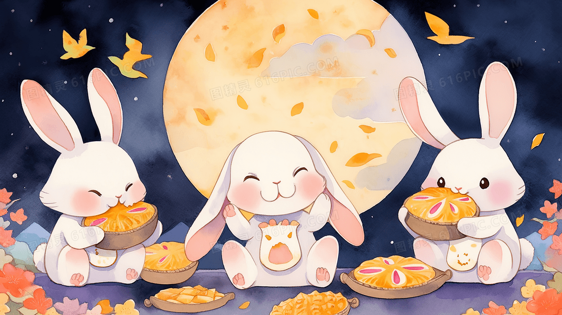 中秋节三只吃月饼的小兔子插画