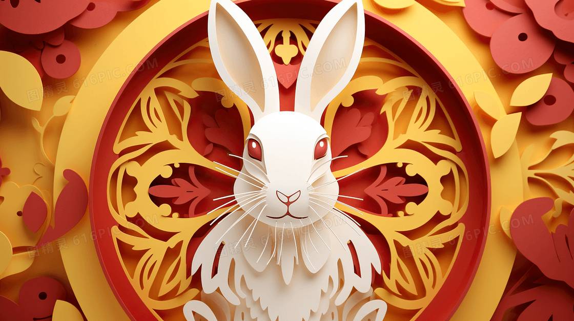 红色剪纸风中秋节兔子插画