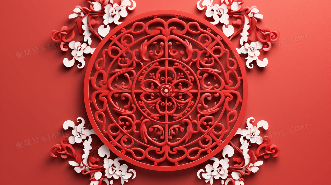 新年喜庆窗花剪纸风插画
