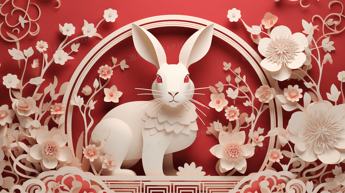 红色剪纸风中秋节兔子插画
