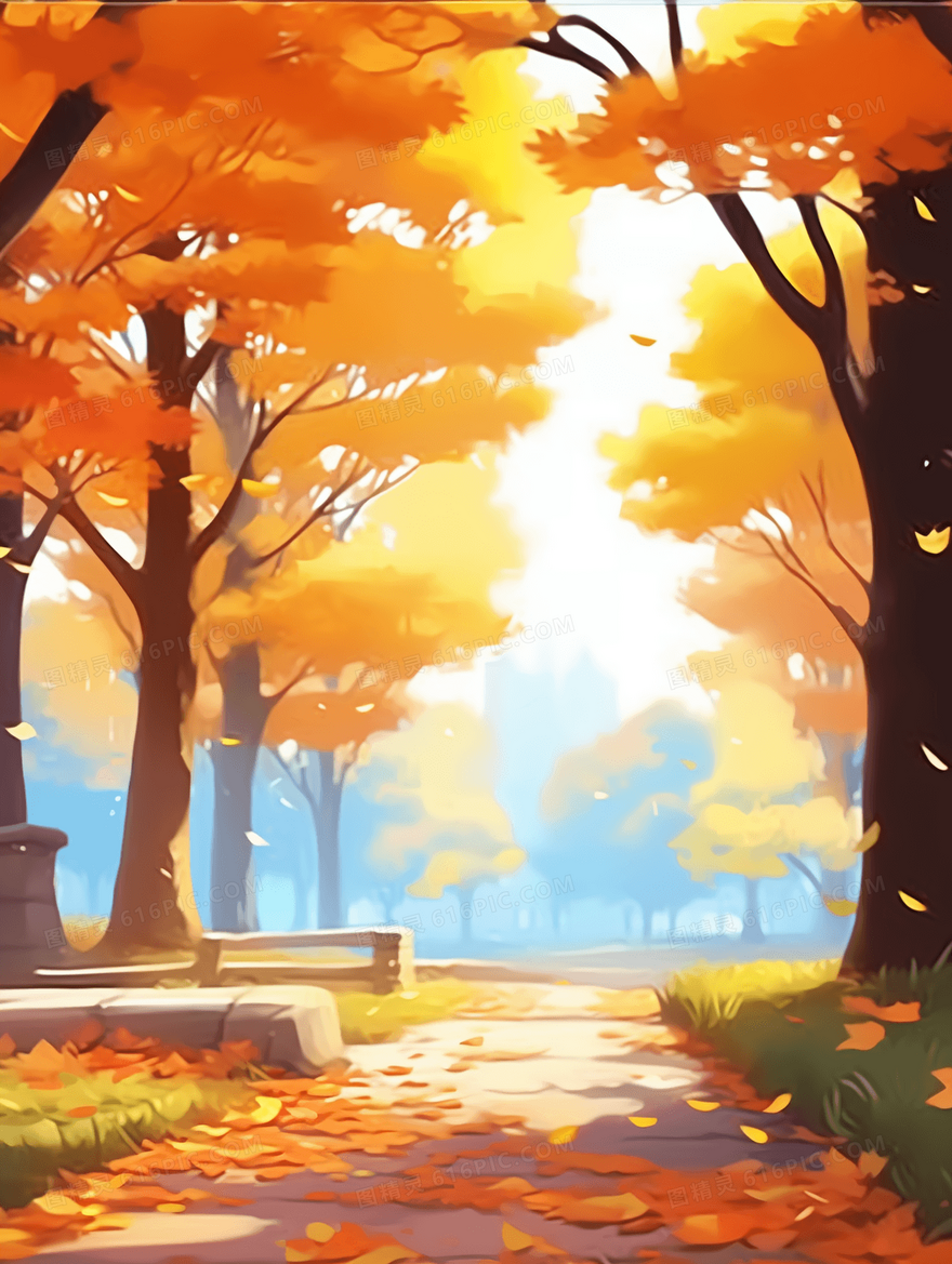 秋天树林里铺满金色落叶的小路插画