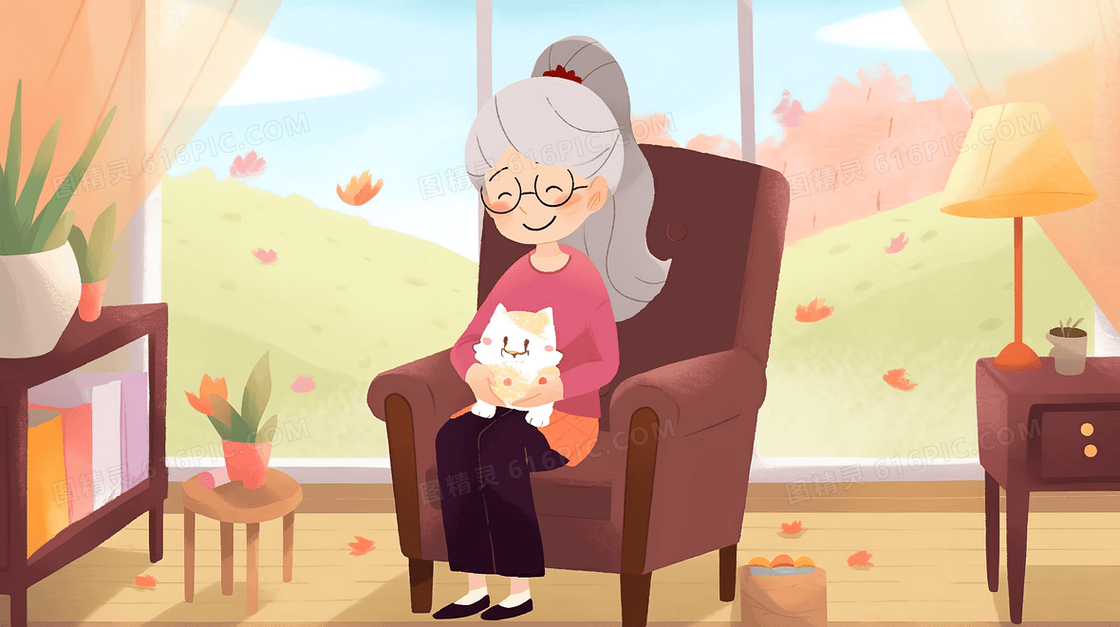 老奶奶坐在沙发上插画