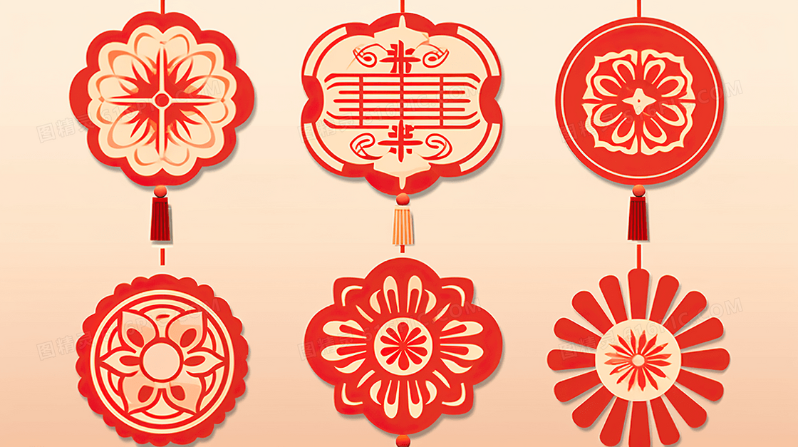 新年喜庆窗花剪纸风插画