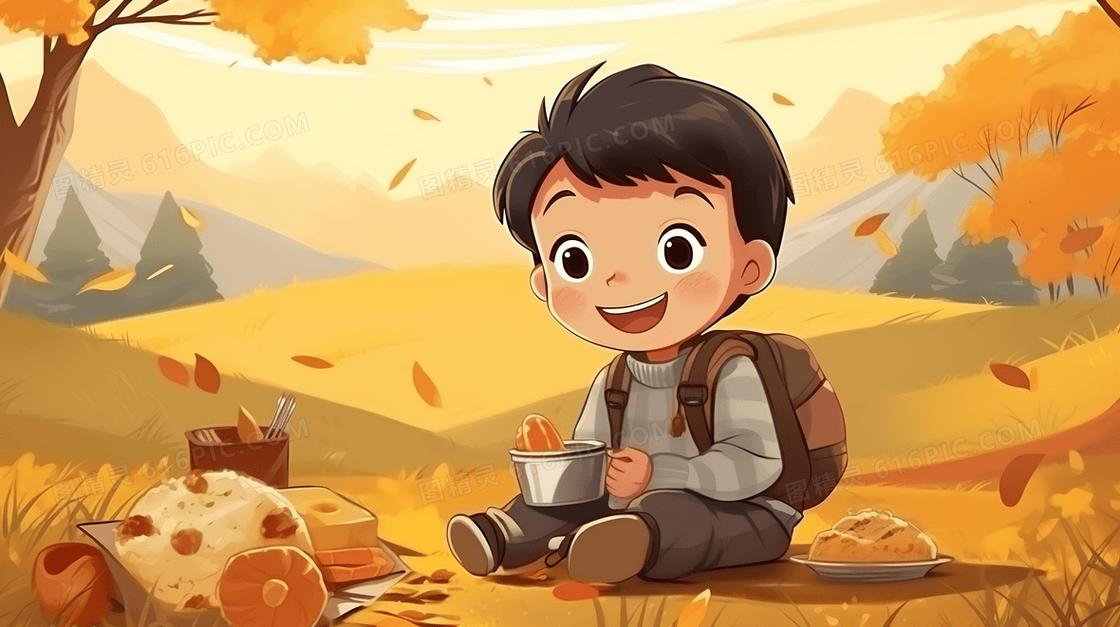 秋天户外金色草地上野炊的男孩插画
