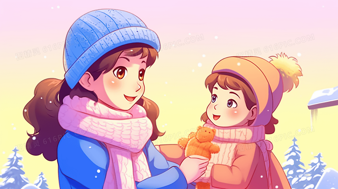 冬天雪地里戴着帽子围巾的妈妈和孩子插画