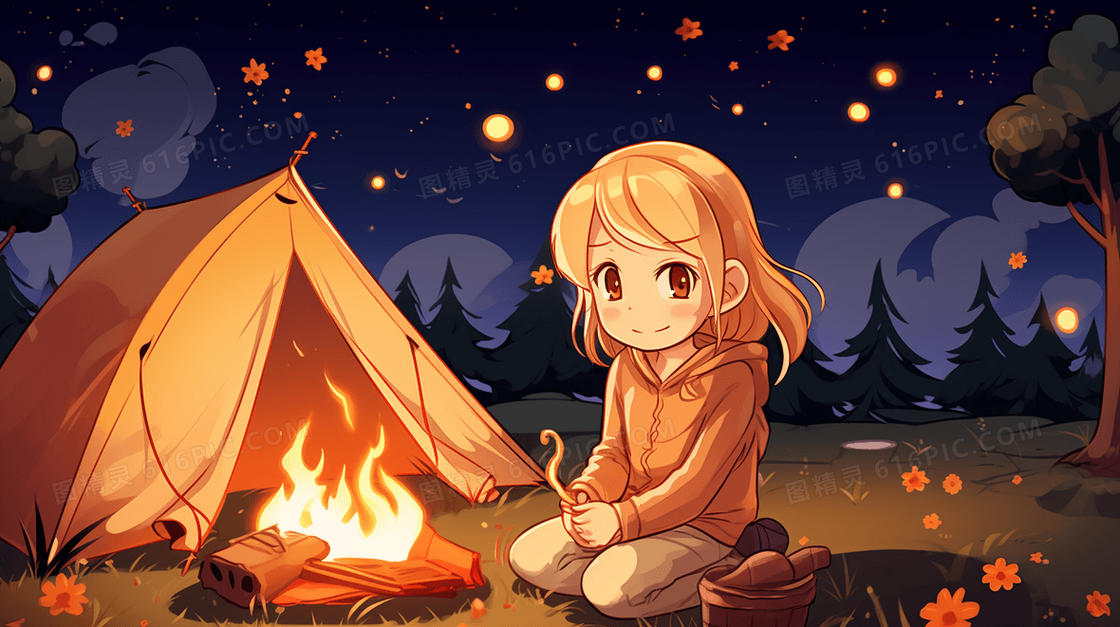 夜晚户外搭帐篷露营生火取暖的女孩插画