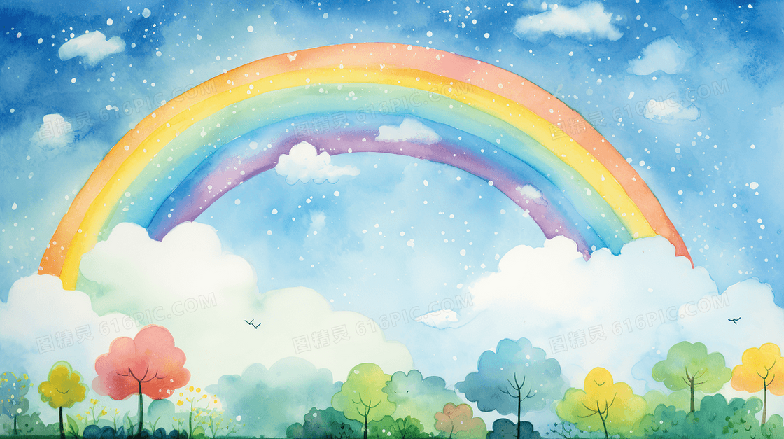 小清新天空上美丽的彩虹创意水彩插画