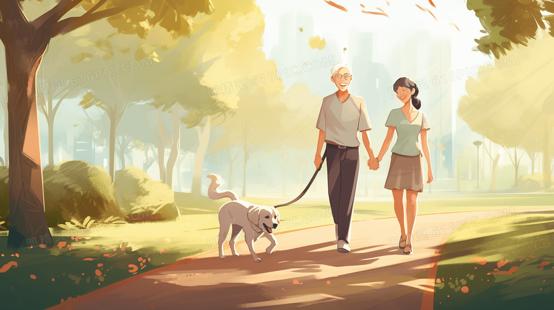 秋天在落叶纷飞的树林里散步遛狗的伴侣插画
