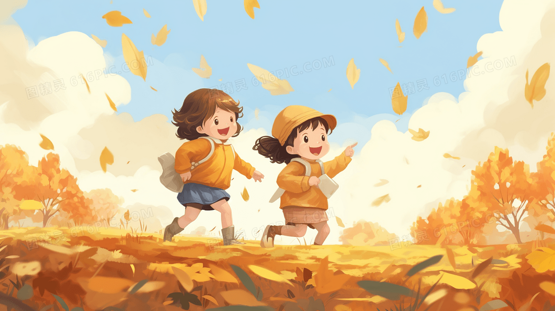 秋天在铺满落叶的草地上奔跑的孩子们插画