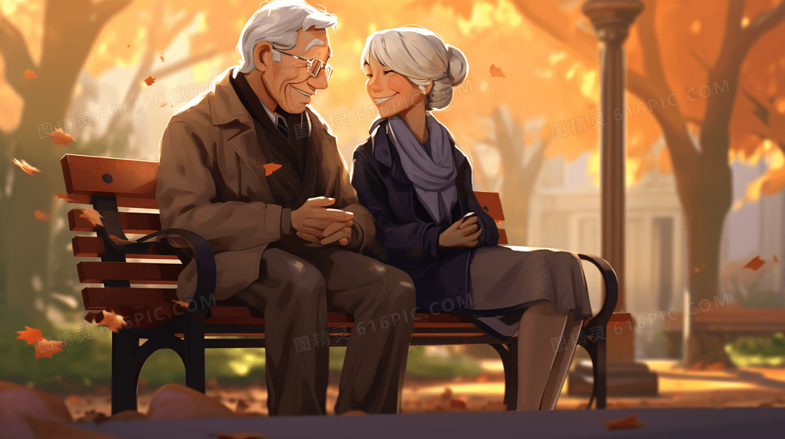公园长椅上恩爱的白发老人夫妻插画