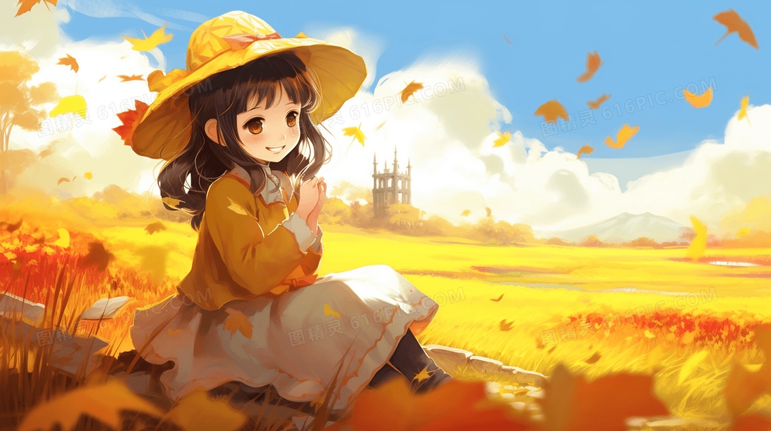 山坡金色草地上的小女孩唯美风景插画