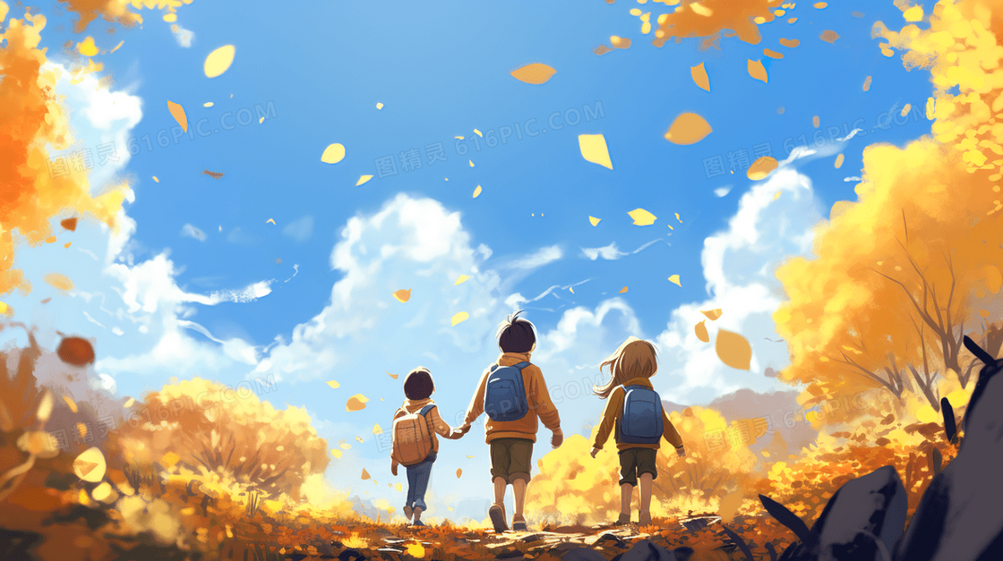 在秋天落叶纷飞的树林里散步的学生插画