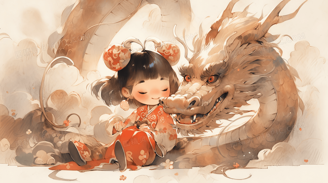 中国风龙和少女儿童水彩插画