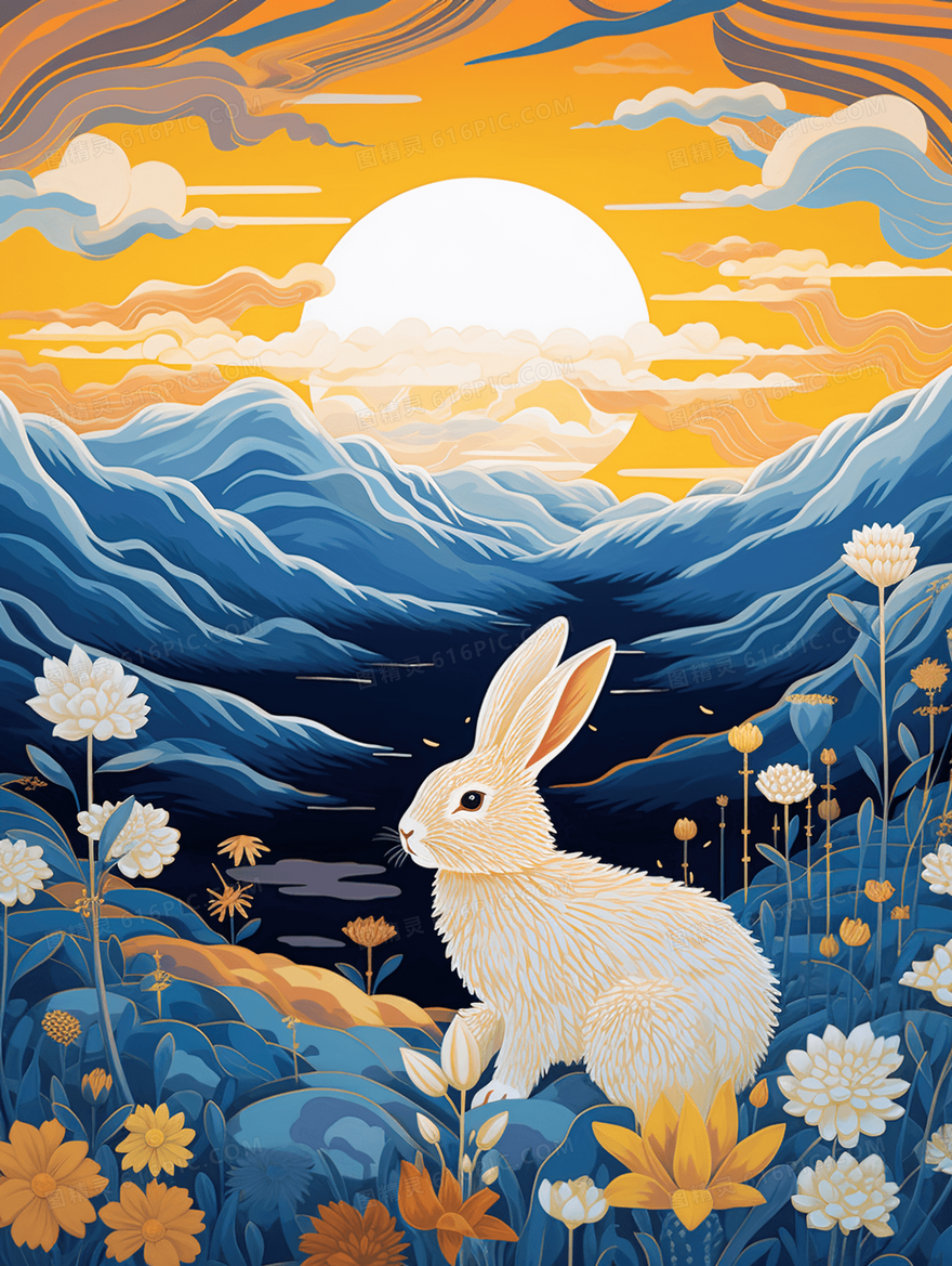月亮下的兔子山水花朵风景中国风意境插画