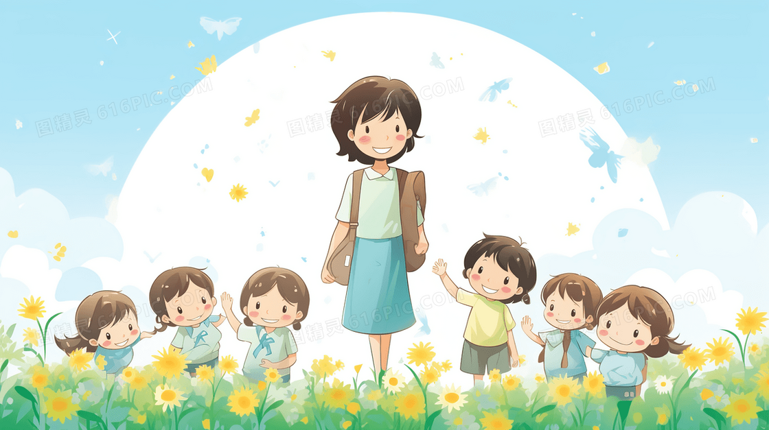 围绕着老师的幼儿园孩子们教师节插画