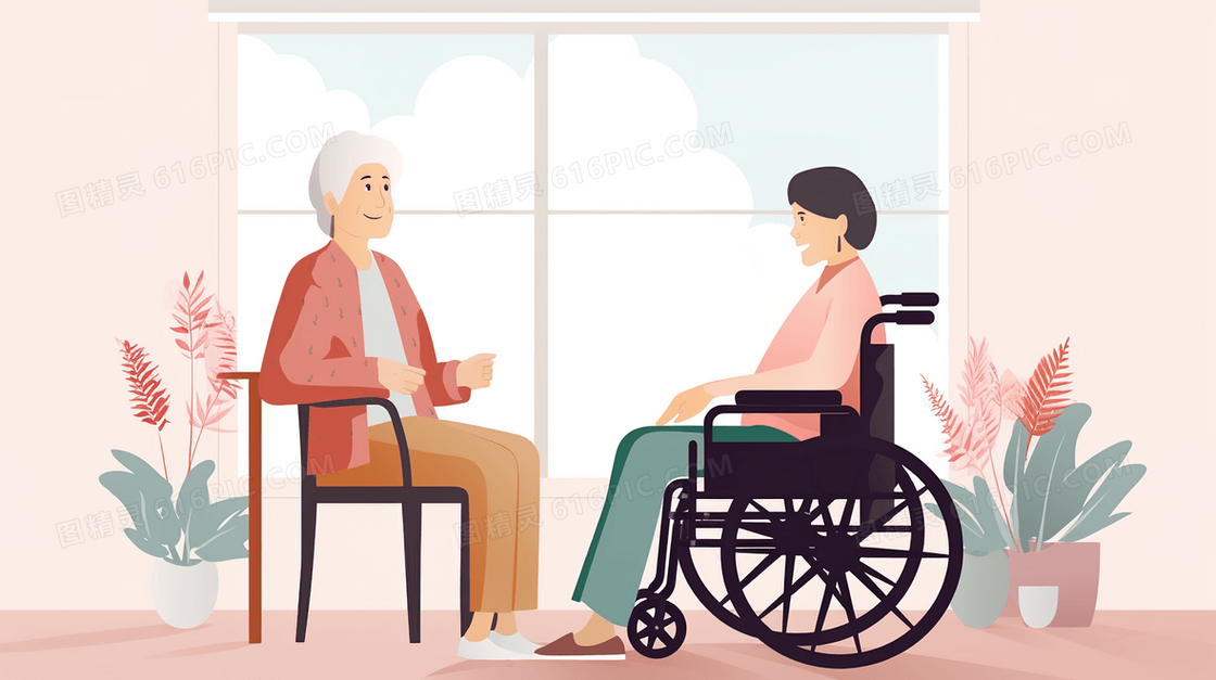 陪伴坐轮椅的老人谈心温馨插画