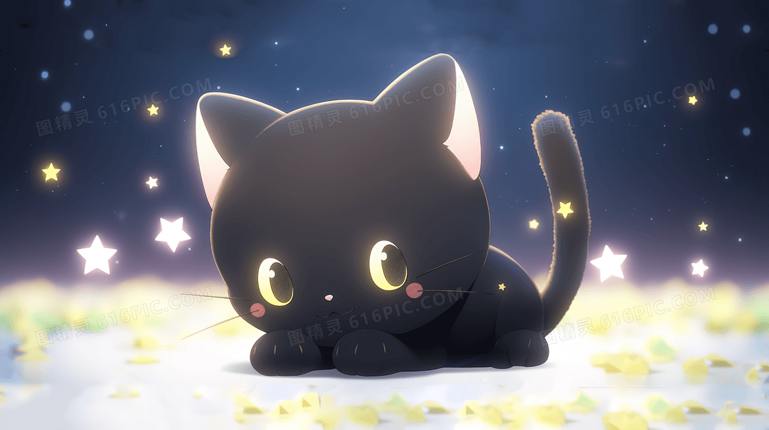 星空下可爱的小黑猫创意插画