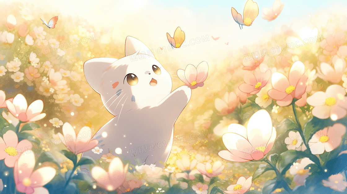可爱的小猫在花丛中被蝴蝶吸引创意插画