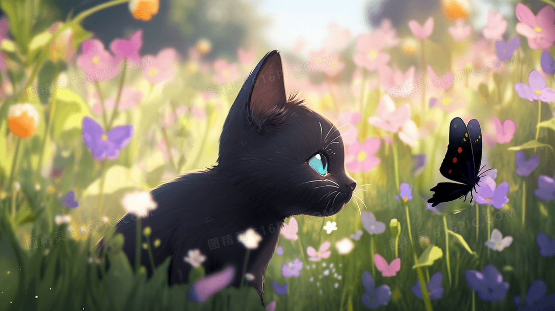可爱的小猫在花丛中被蝴蝶吸引创意插画