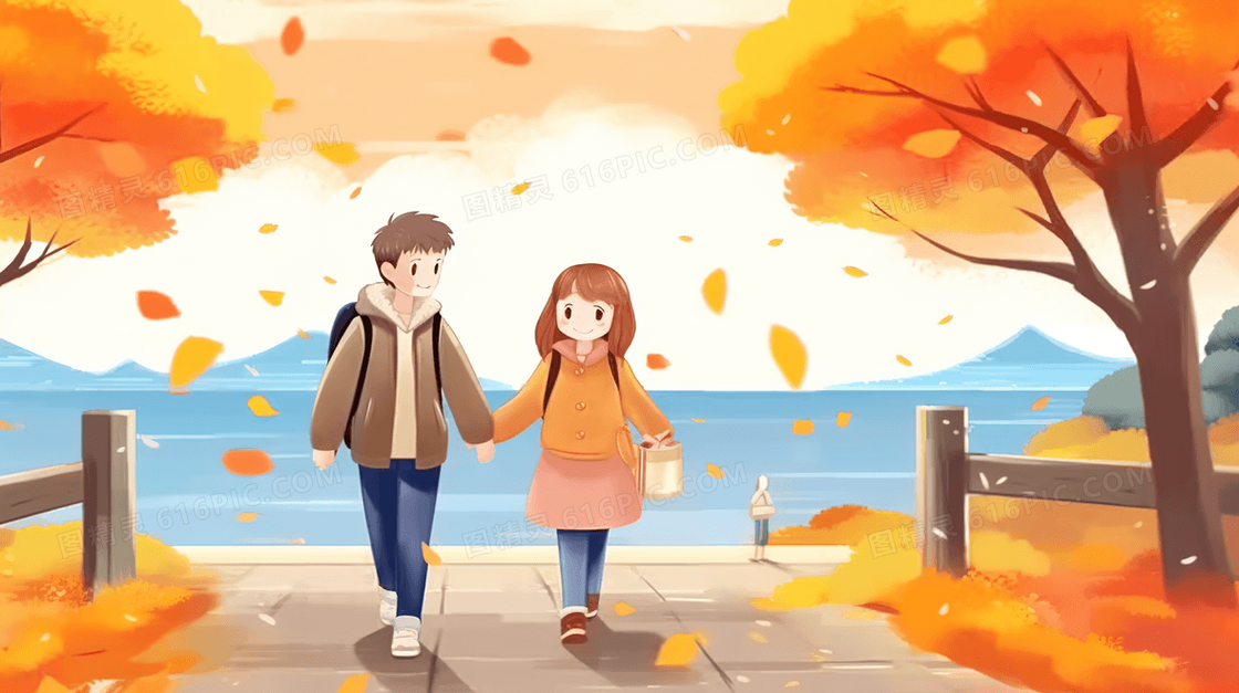 秋天牵手走在落叶纷飞大道上的情侣插画