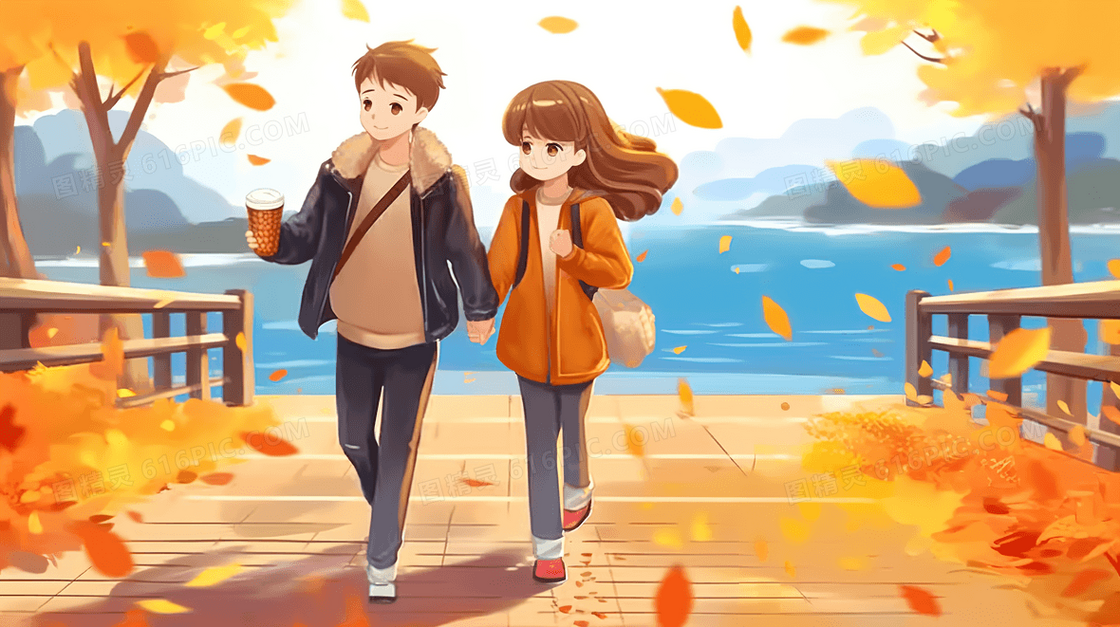 秋天牵手走在落叶纷飞大道上的情侣插画