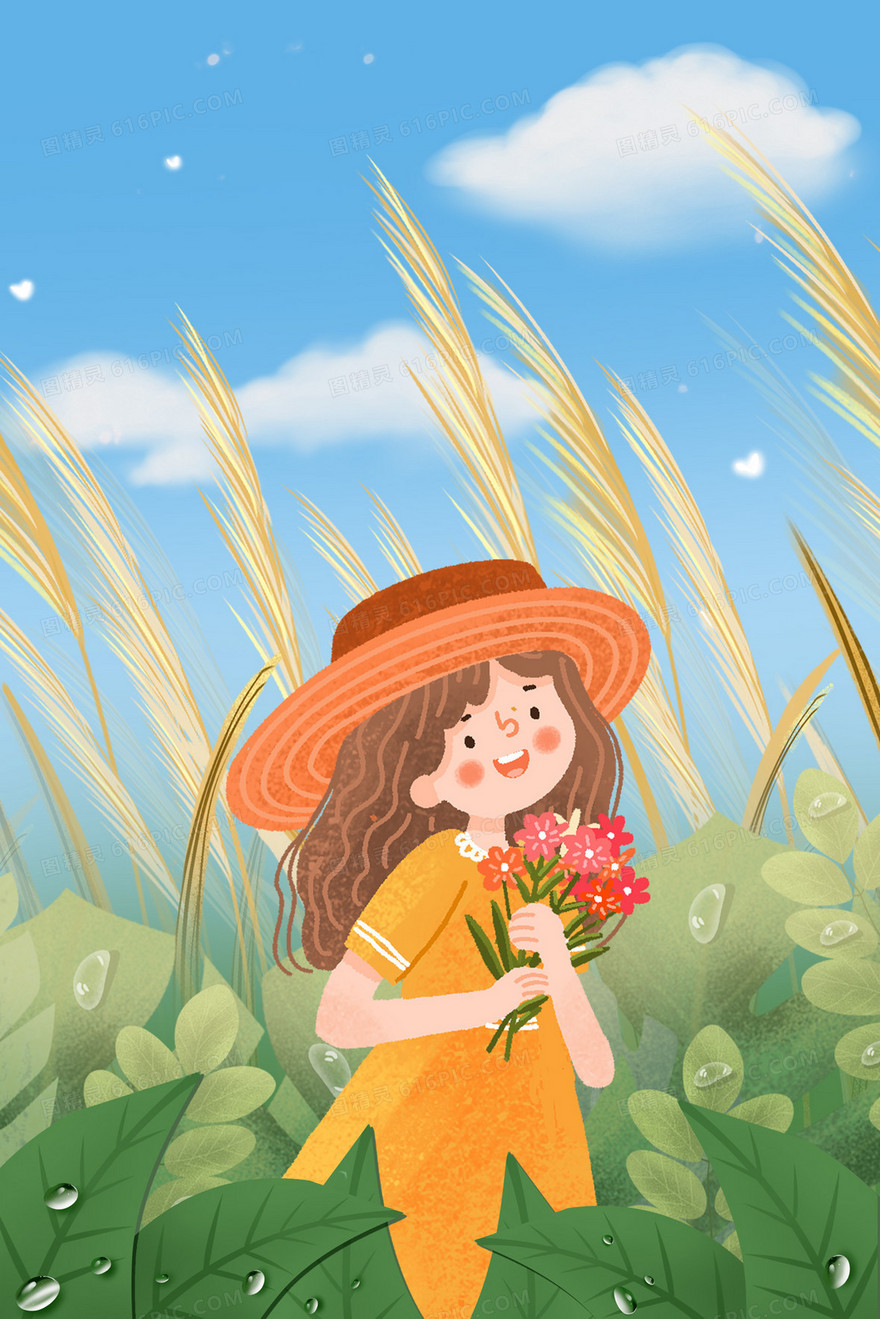 女孩拿着鲜花站在草丛里插画