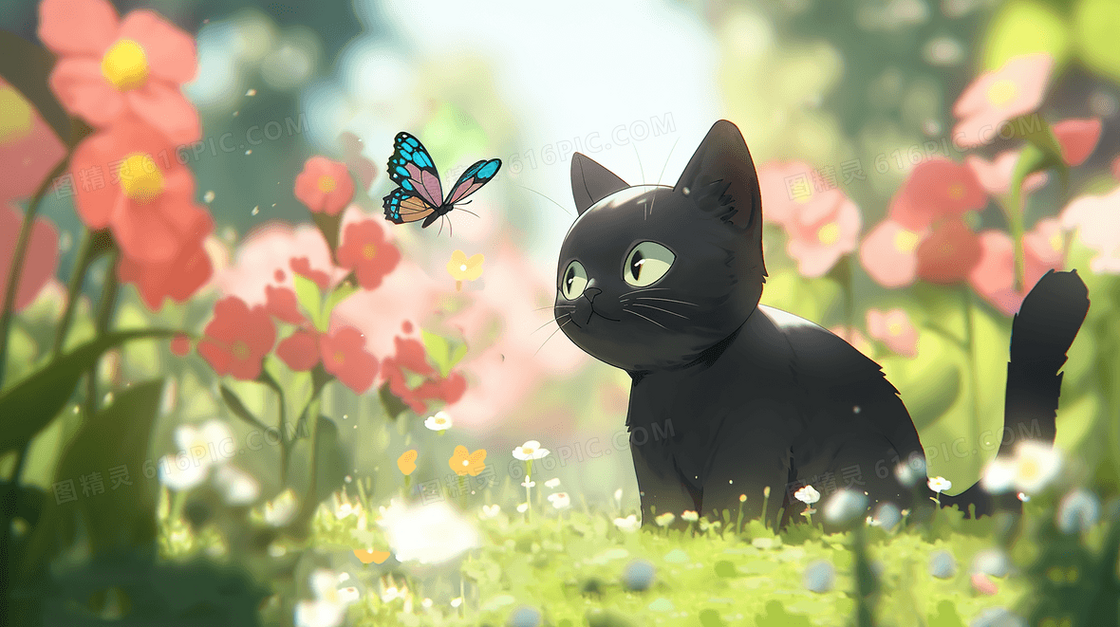 可爱的小猫在花丛中被蝴蝶吸引创意插画