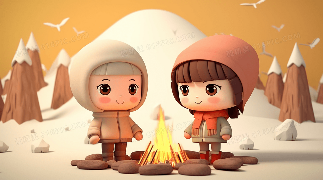 雪地里露营火堆旁的男孩女孩立体可爱卡通插画